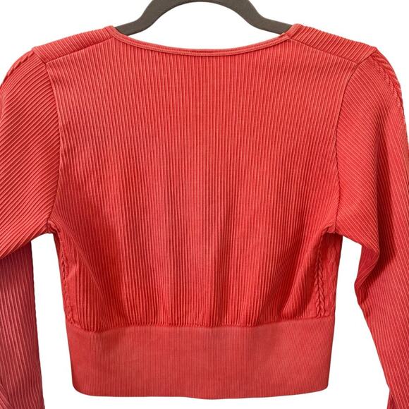 Aerie Offline Seamless Cable Square Neck Long Sleeve Crop Top Coral Orange Sz L - Picture 7 of 11